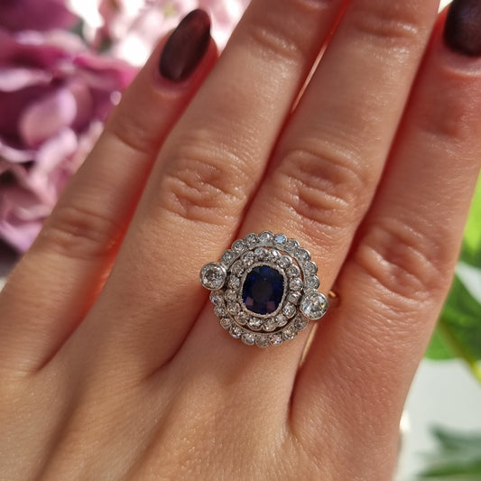 Antique French Sapphire and Diamond Double Cluster Ring