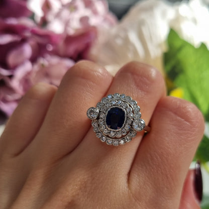 Antique French Sapphire and Diamond Double Cluster Ring