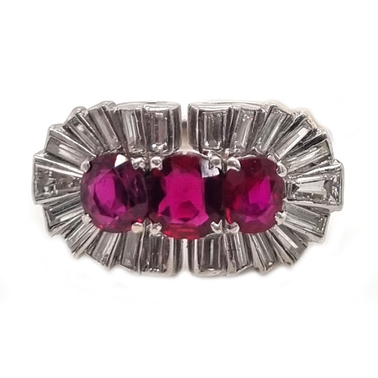 Vintage 1940s Ruby and Baguette Diamond Cocktail Ring