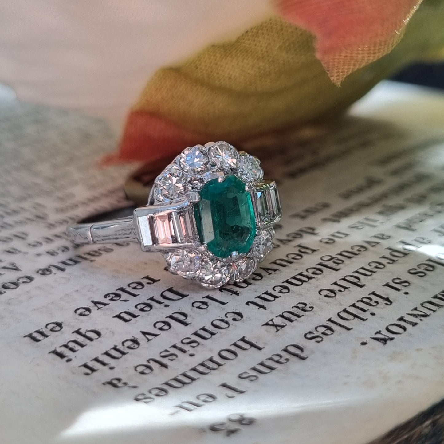 Emerald and Baguette Diamond Cluster Engagement Ring