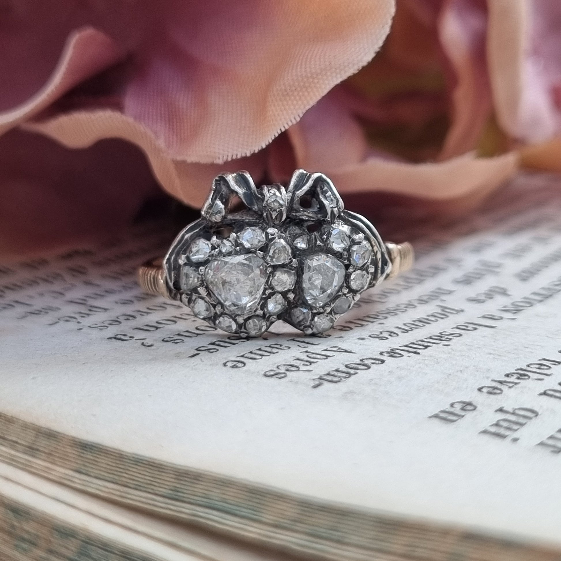 Antique Rose Cut Diamond Double Heart and Bow Ring