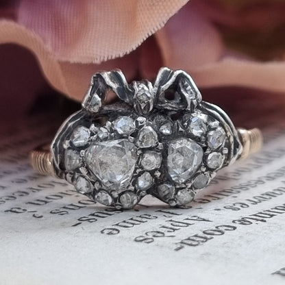 antique rose cut diamond double heart bow ring Victorian Circa 1880 Dutch