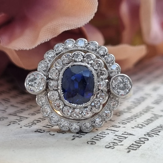 Antique French Sapphire and Diamond Double Cluster Ring
