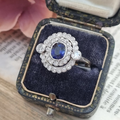 Antique French Sapphire and Diamond Double Cluster Ring