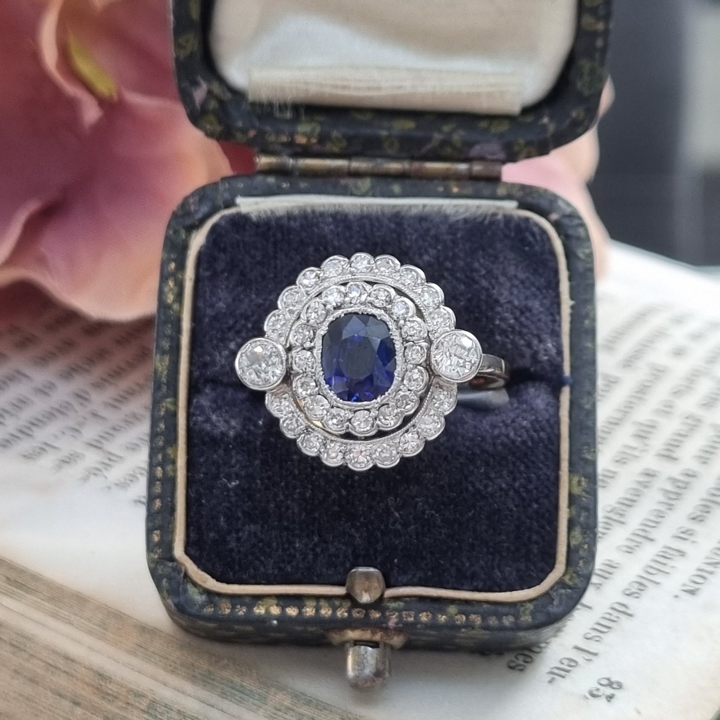Antique French Sapphire and Diamond Double Cluster Ring