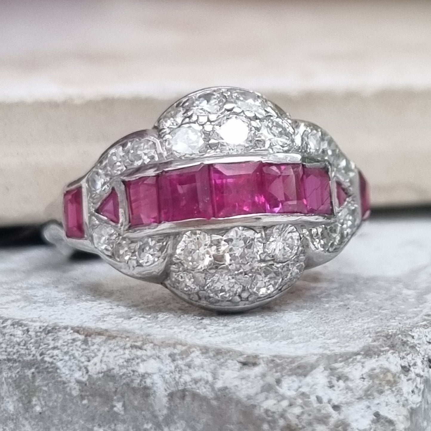 Art Deco Burma Ruby and Diamond Cluster Dress Ring