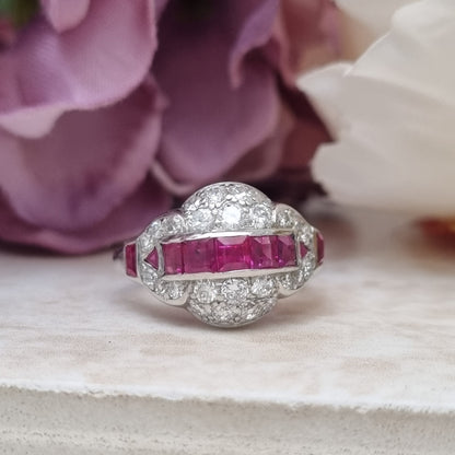 Art Deco Burma Ruby and Diamond Cluster Dress Ring