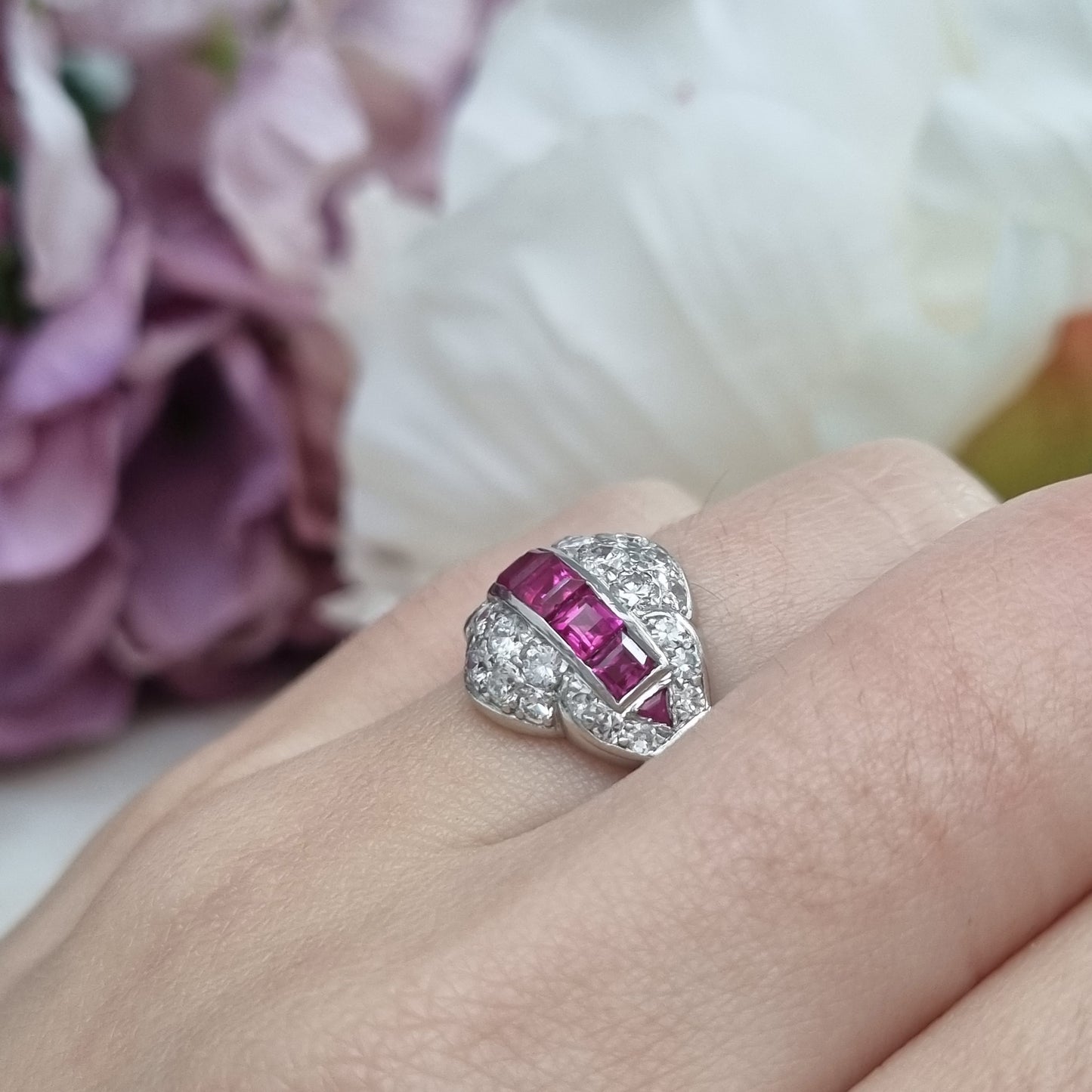 Art Deco Burma Ruby and Diamond Cluster Dress Ring