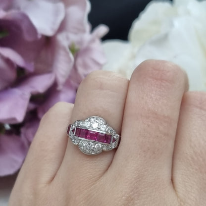 Art Deco Burma Ruby and Diamond Cluster Dress Ring