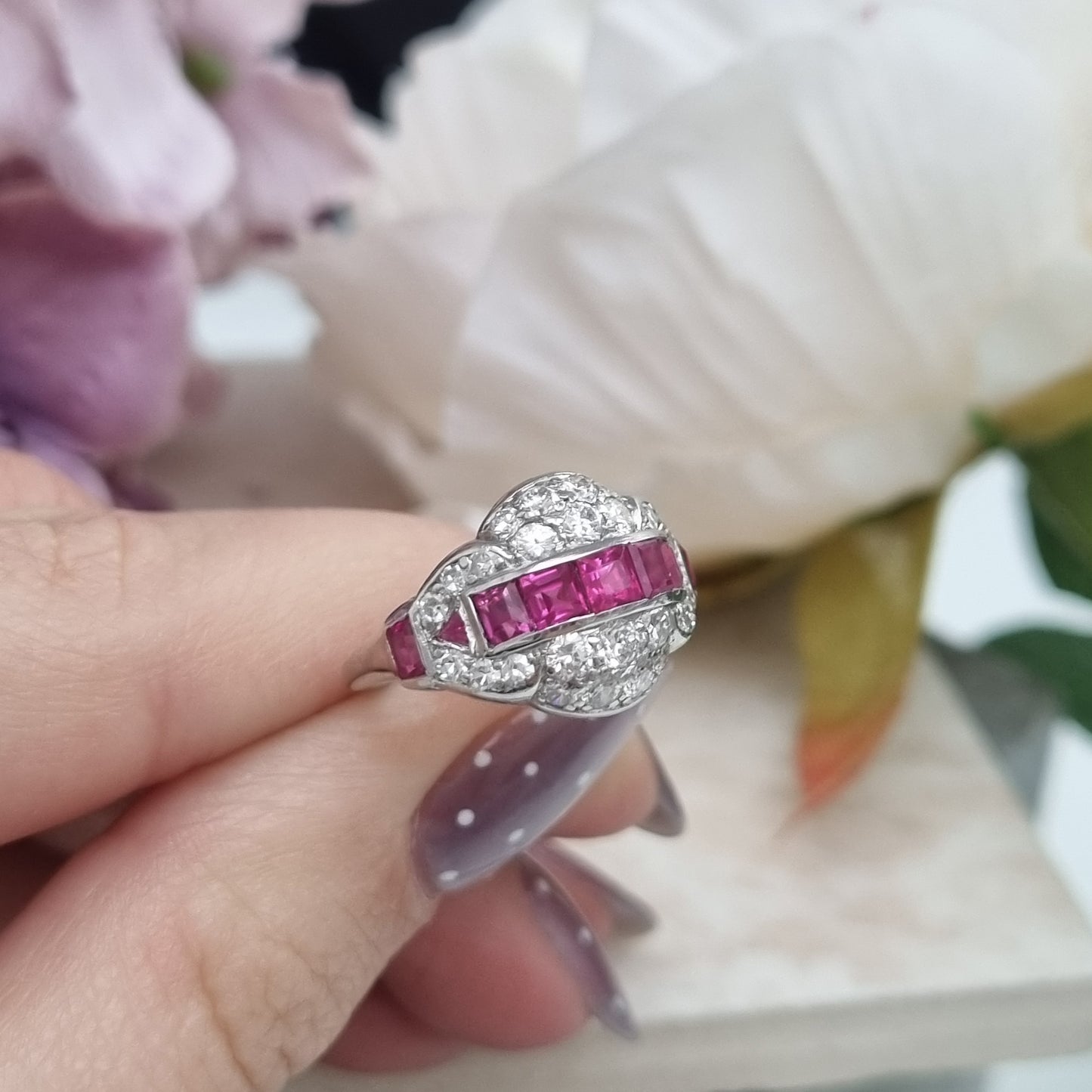 Art Deco Burma Ruby and Diamond Cluster Dress Ring