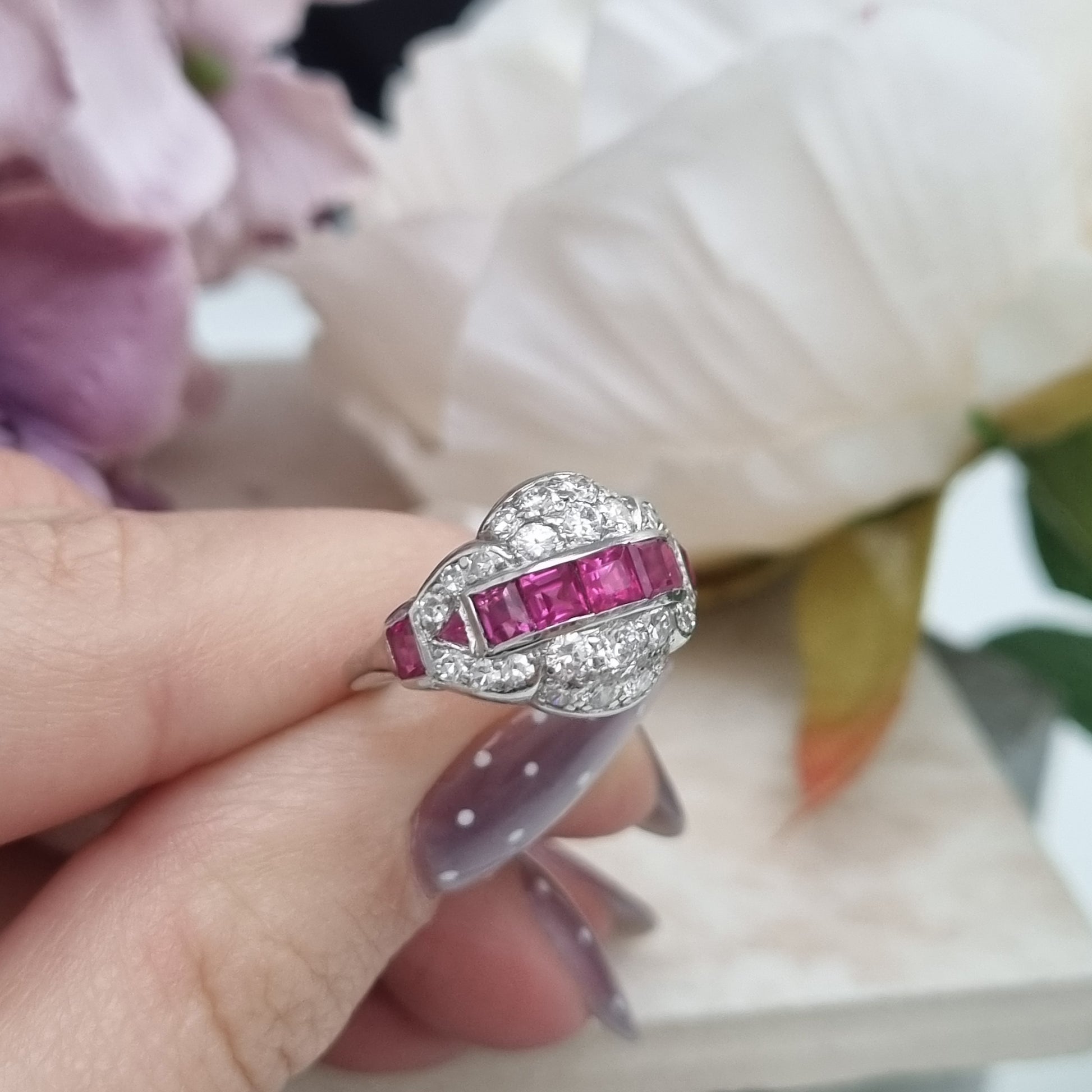 Art Deco Burma Ruby and Diamond Cluster Dress Ring