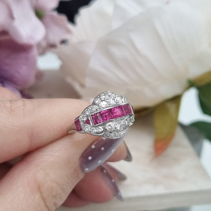 Art Deco Burma Ruby and Diamond Cluster Dress Ring