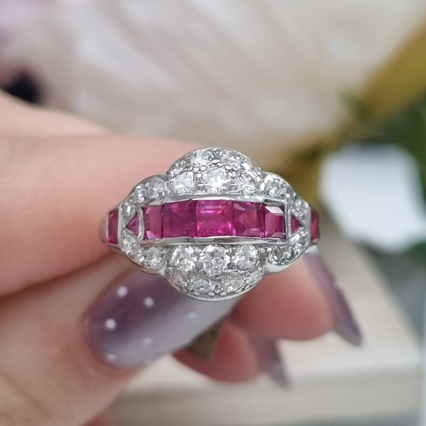 Art Deco Burma Ruby and Diamond Cluster Dress Ring