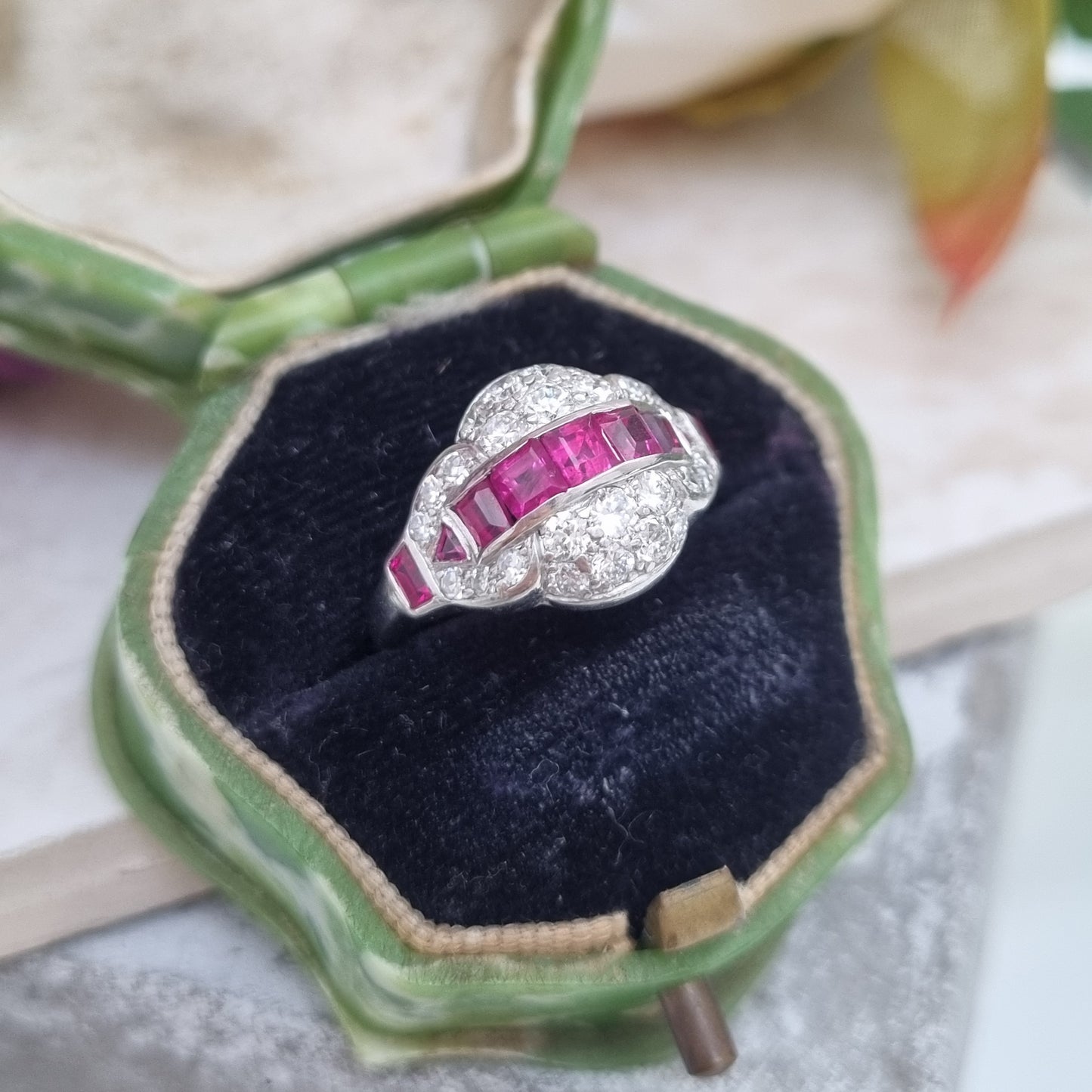Art Deco Burma Ruby and Diamond Cluster Dress Ring
