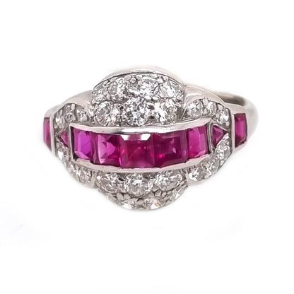 Art Deco Burma Ruby and Diamond Cluster Dress Ring