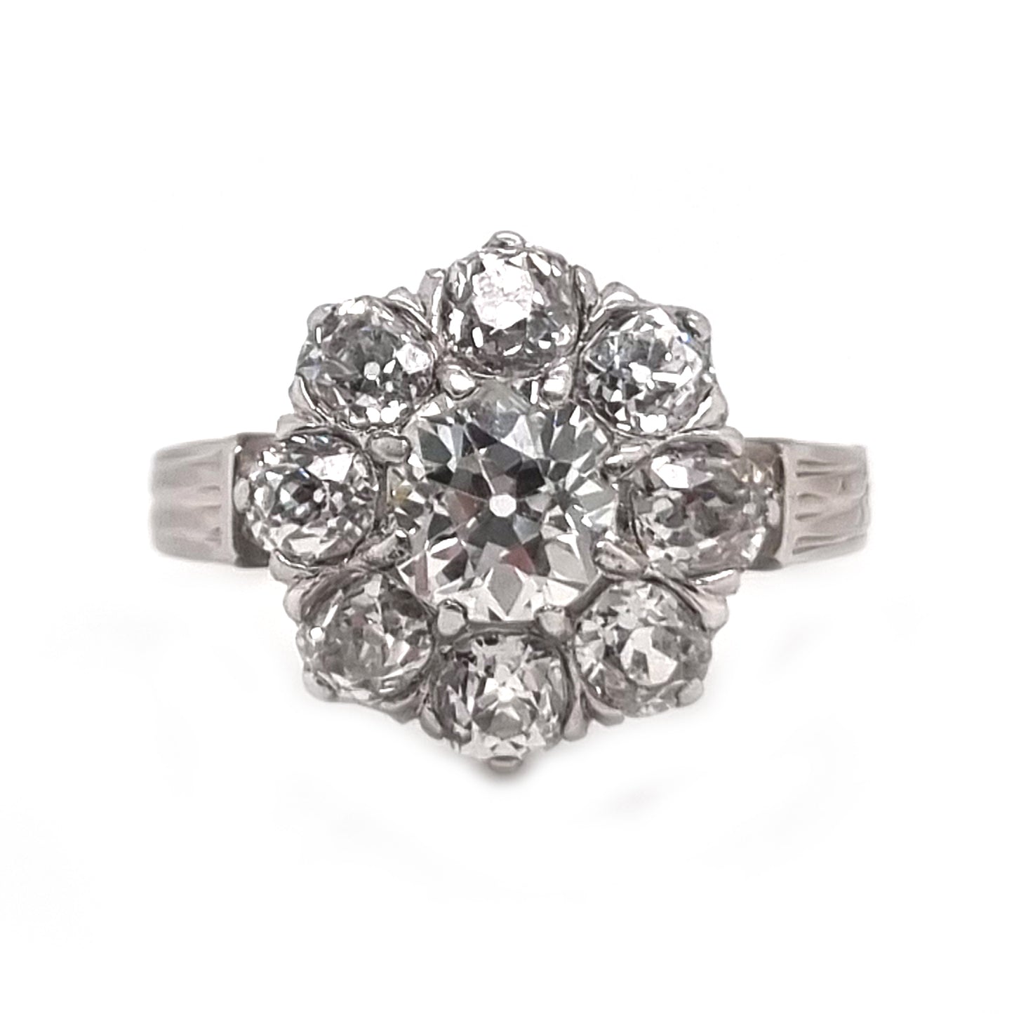 Art Deco French 2ct Old Mine Cut Diamond Cluster Engagement Ring