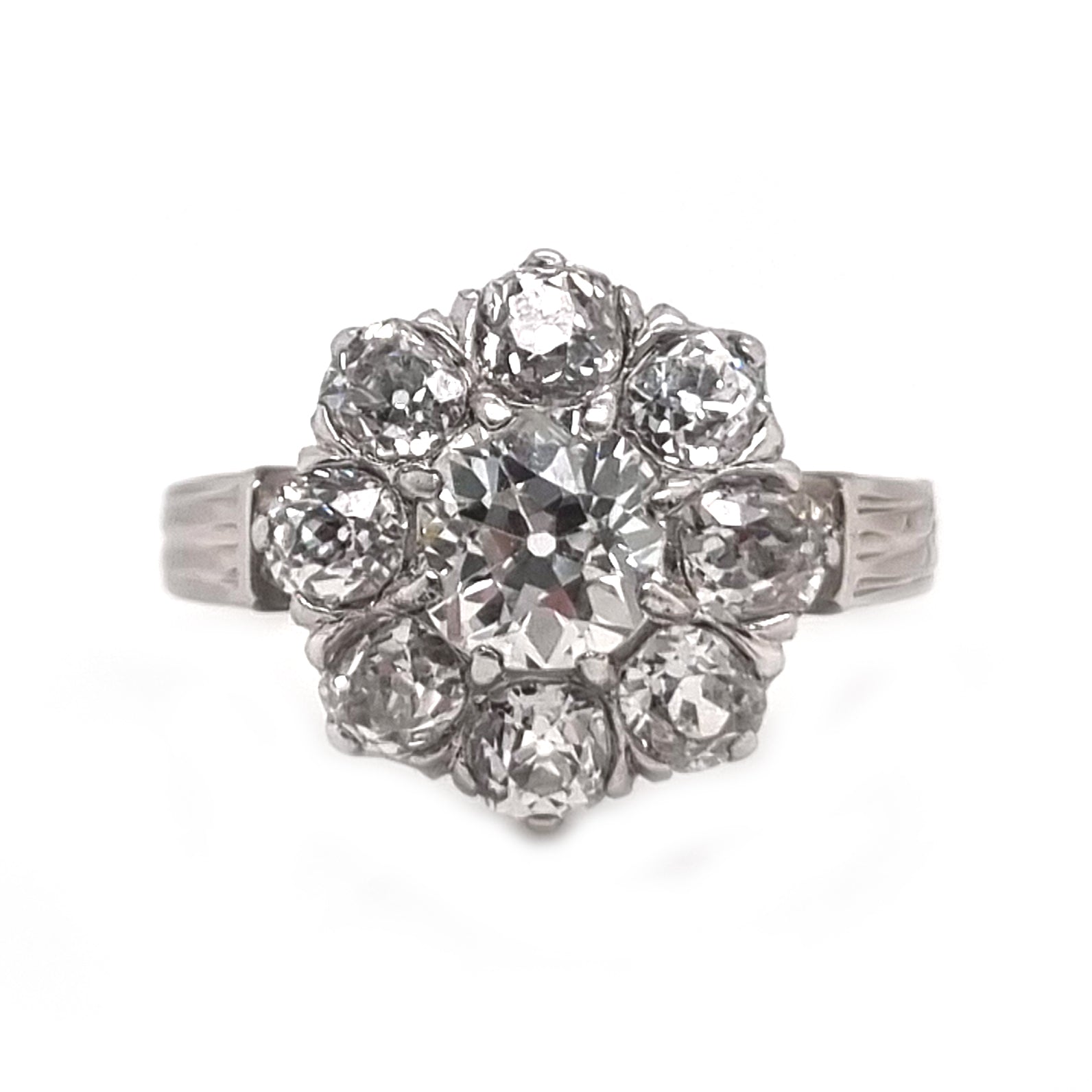 Art Deco French 2ct Old Mine Cut Diamond Cluster Engagement Ring