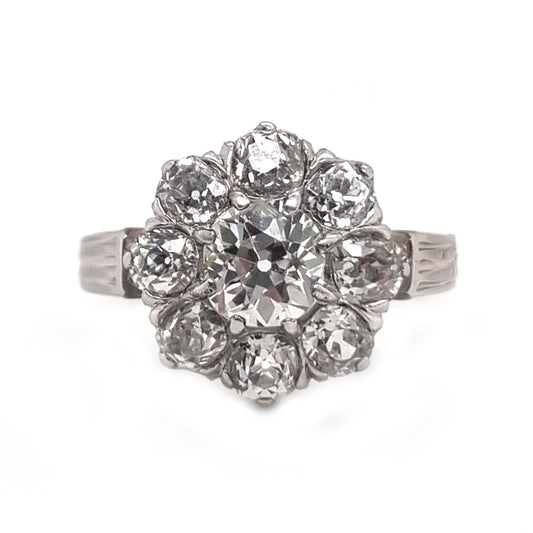 Art Deco French 2ct Old Mine Cut Diamond Cluster Engagement Ring