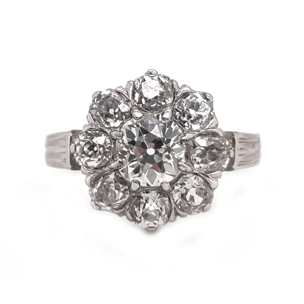Art Deco French 2ct Old Mine Cut Diamond Cluster Engagement Ring