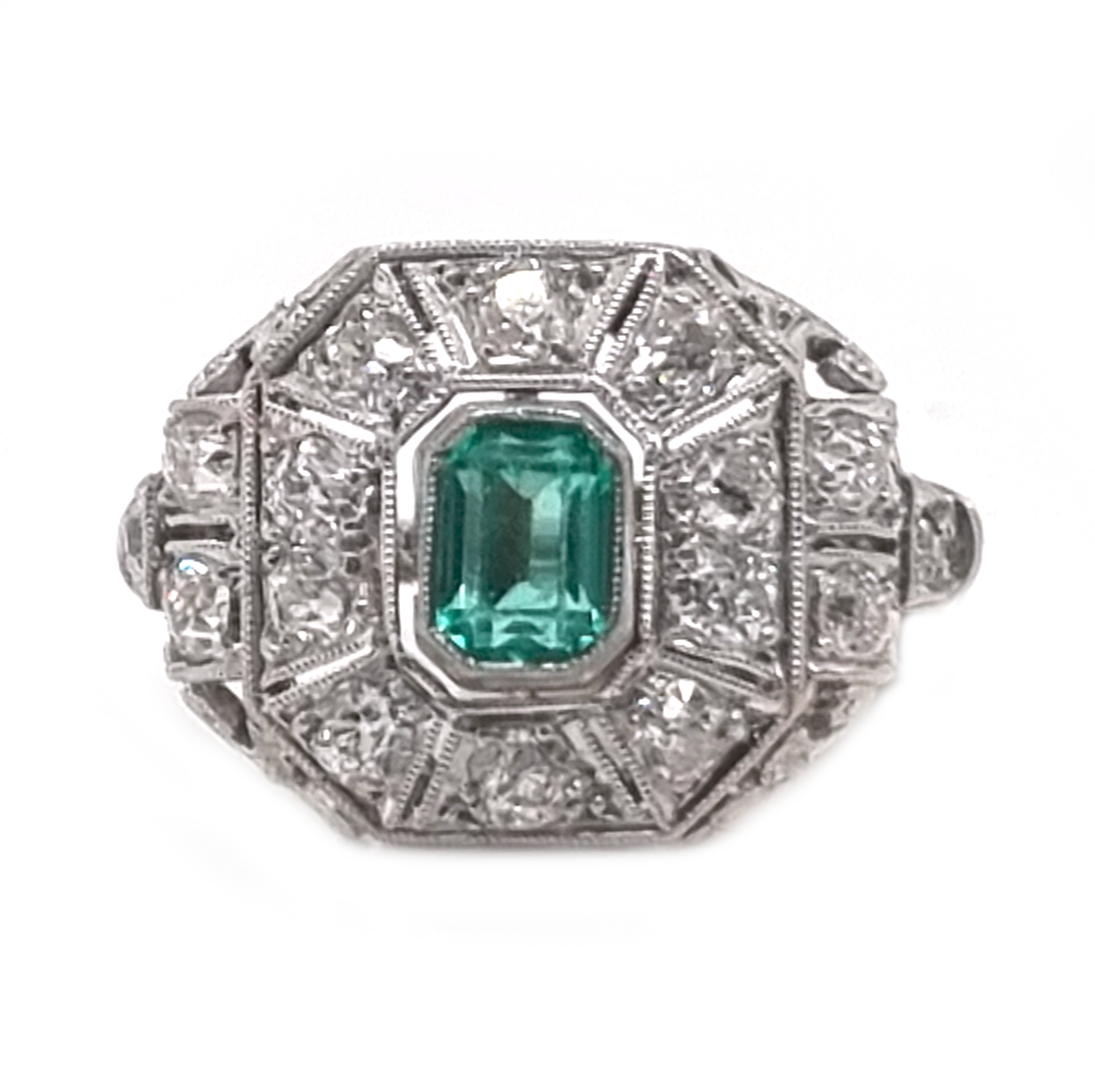 Vintage Art Deco Emerald and Diamond Cluster Engagement Ring