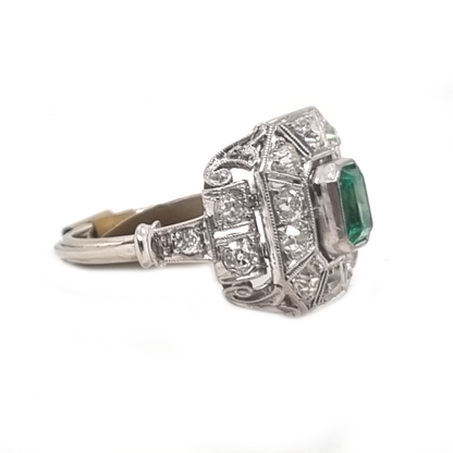 Vintage Art Deco Emerald and Diamond Cluster Engagement Ring