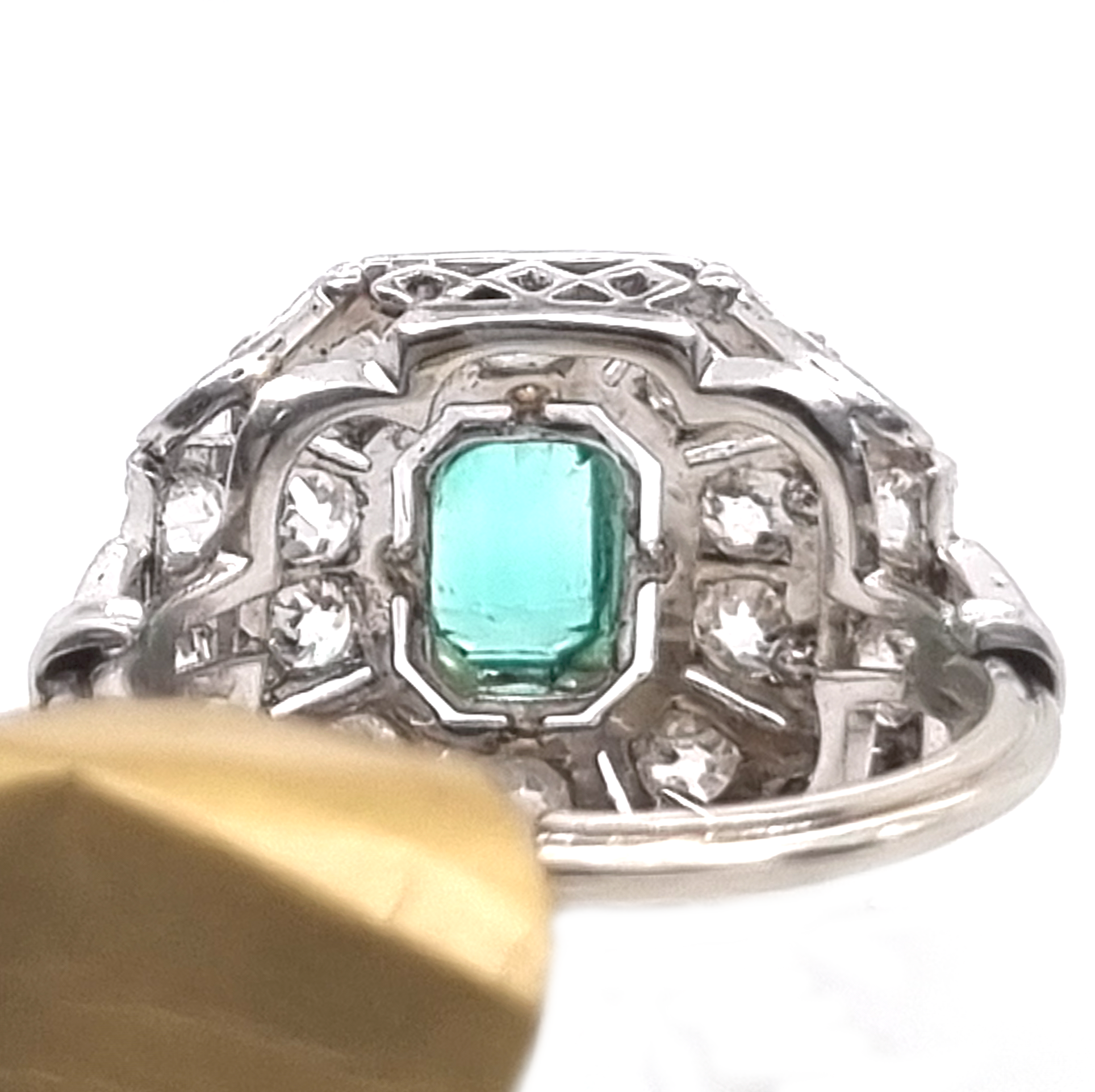 Vintage Art Deco Emerald and Diamond Cluster Engagement Ring