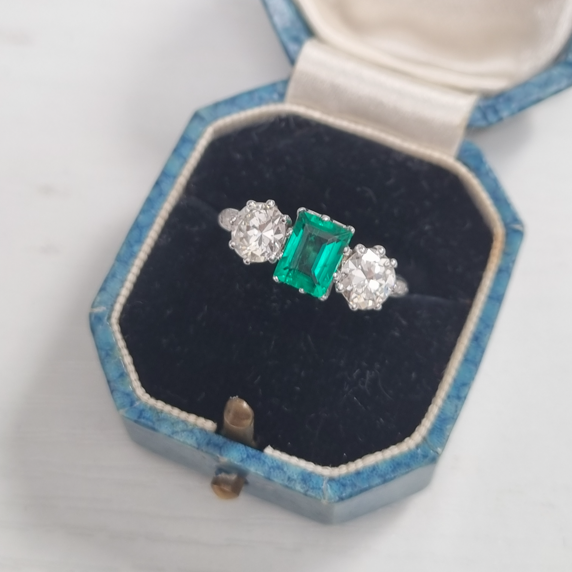Vintage Antique Art Deco Colombian Emerald and Diamond Three Stone Engagement Ring in Platinum