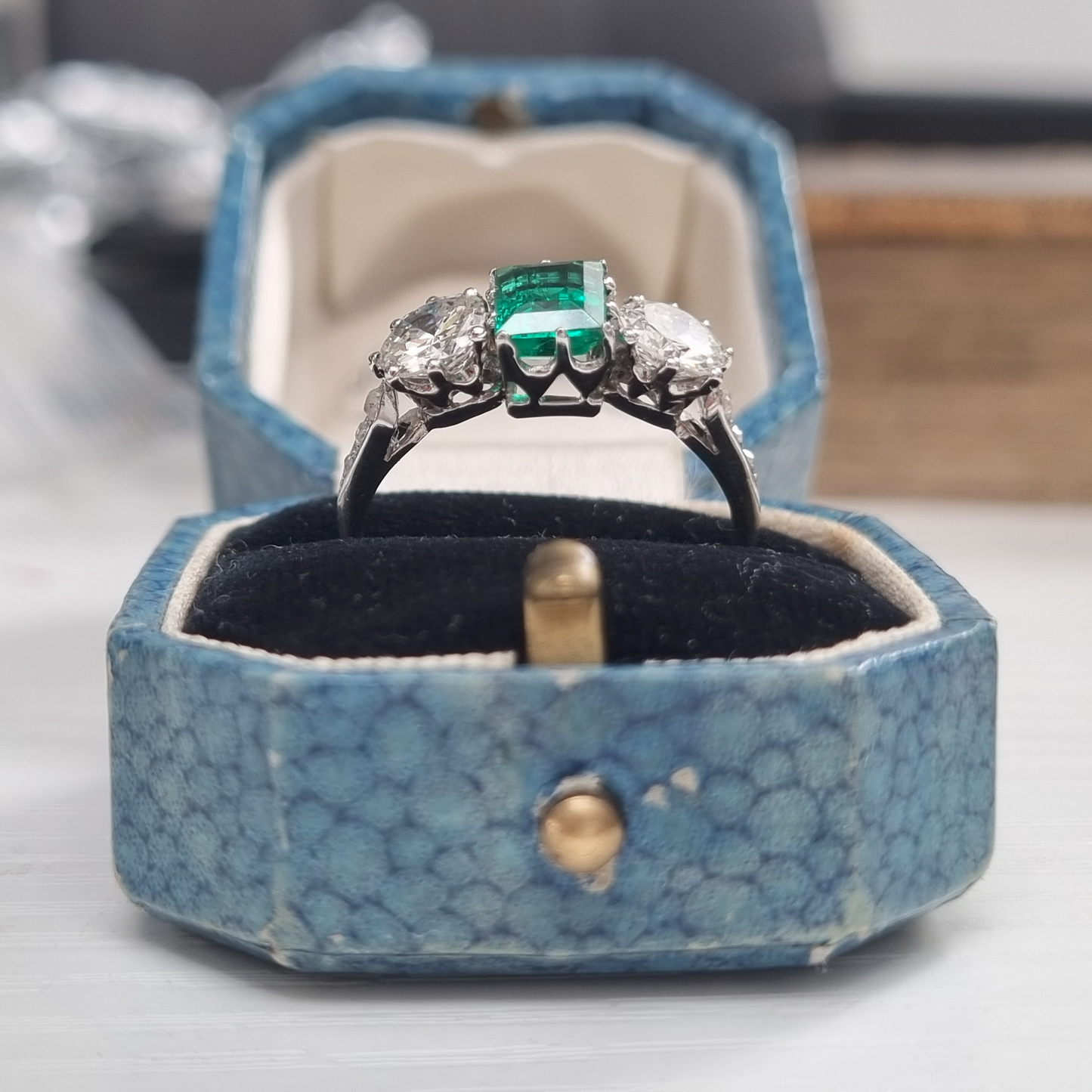 Vintage Antique Art Deco Colombian Emerald and Diamond Three Stone Engagement Ring in Platinum