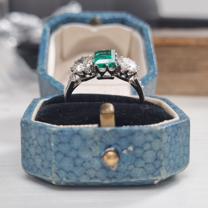 Vintage Antique Art Deco Colombian Emerald and Diamond Three Stone Engagement Ring in Platinum