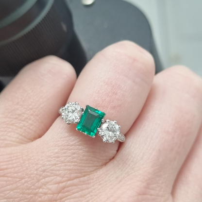 Vintage Antique Art Deco Colombian Emerald and Diamond Three Stone Engagement Ring in Platinum