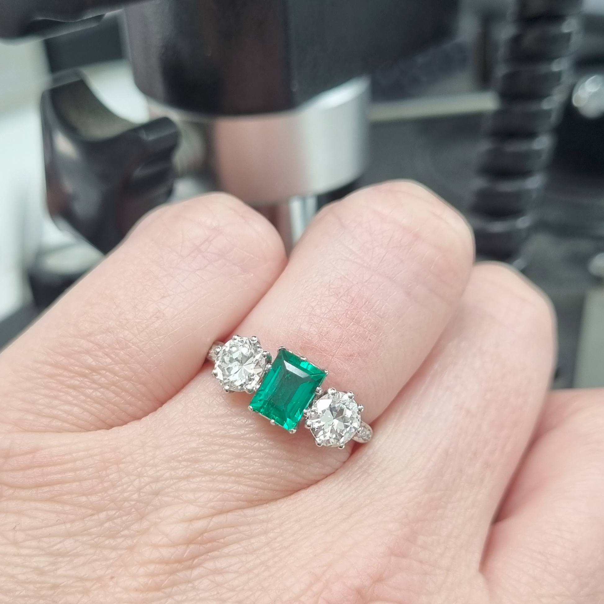 Vintage Antique Art Deco Colombian Emerald and Diamond Three Stone Engagement Ring in Platinum