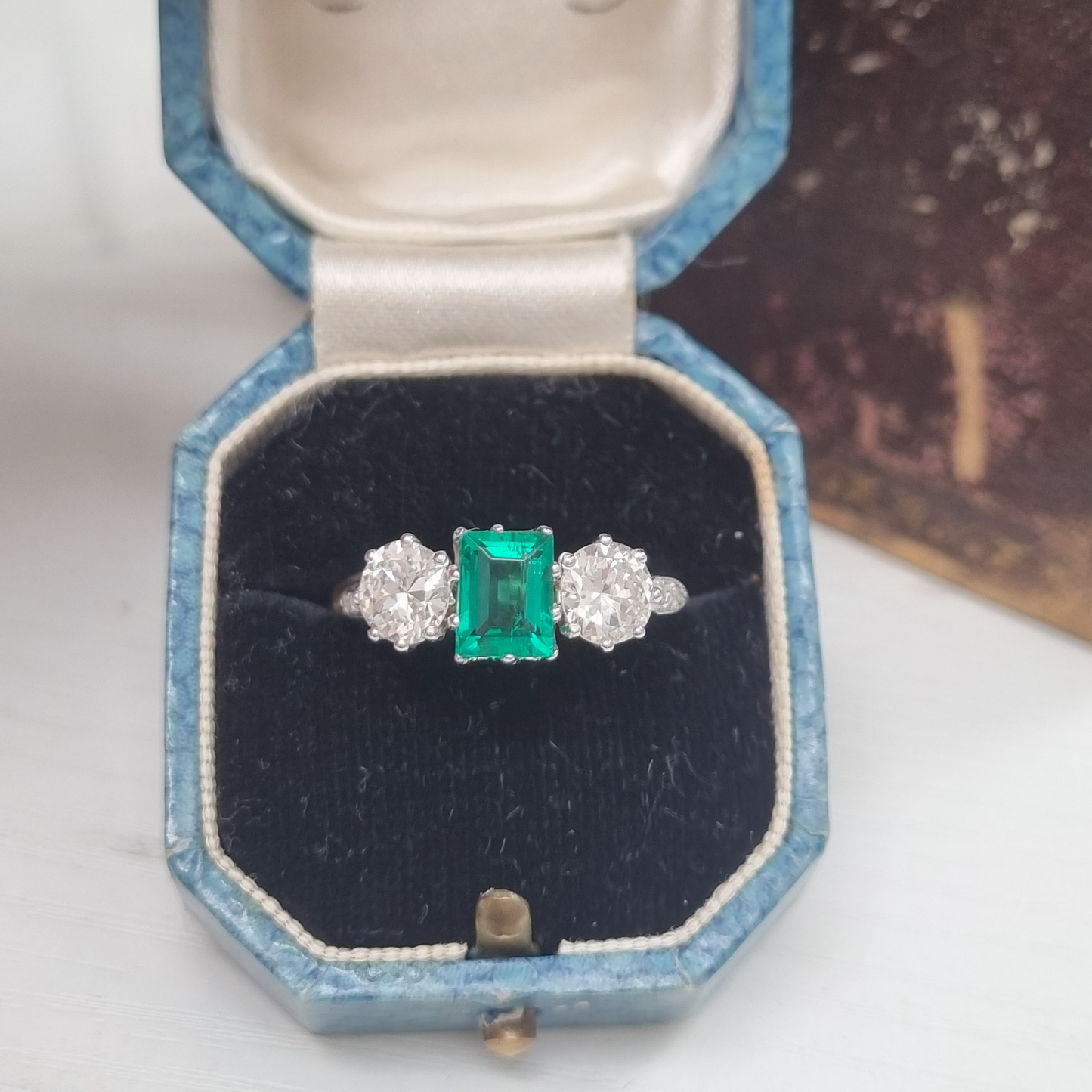 Vintage Antique Art Deco Colombian Emerald and Diamond Three Stone Engagement Ring in Platinum