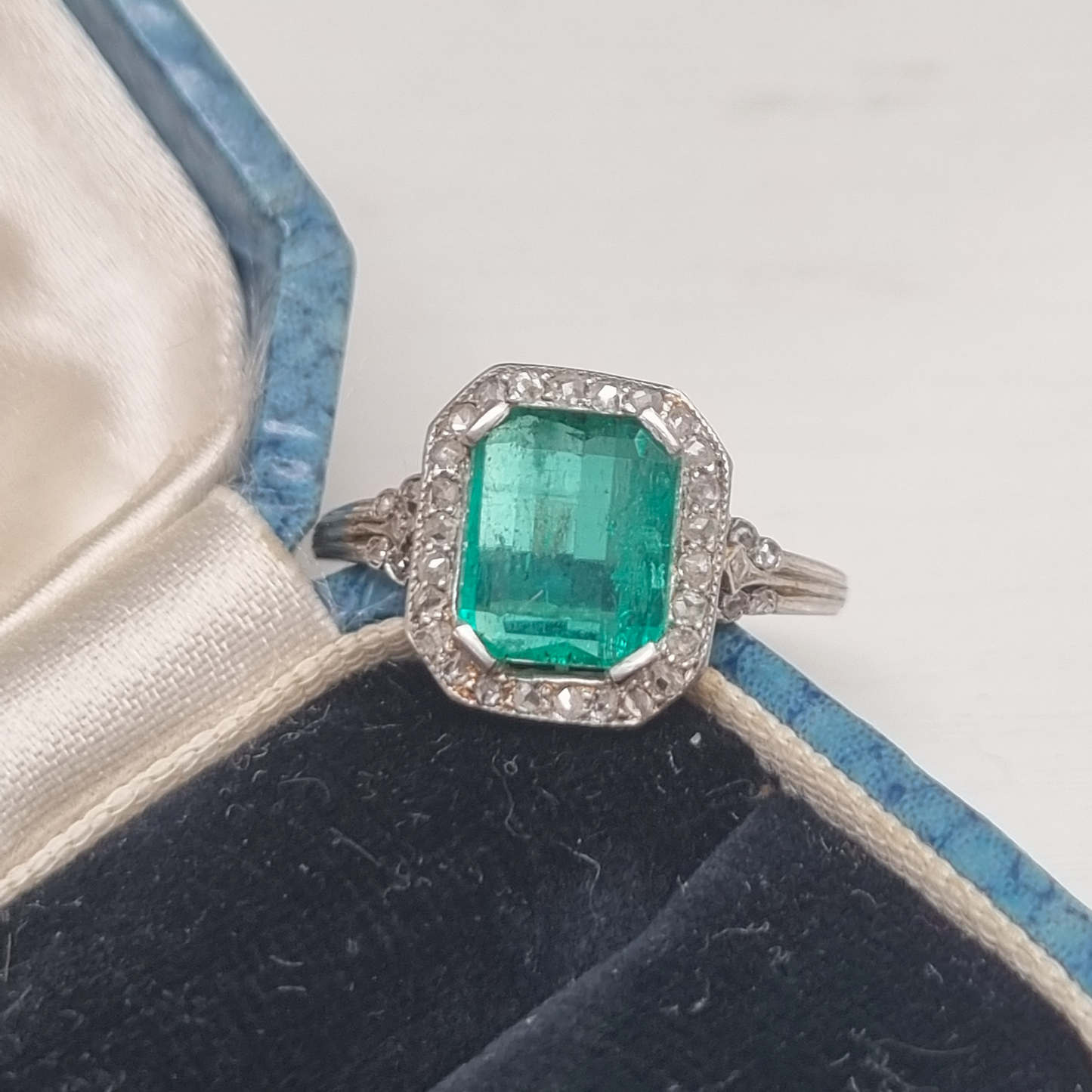 Art Deco Colombian Emerald and Diamond Cluster Engagement Ring