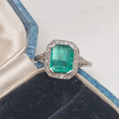 Art Deco Colombian Emerald and Diamond Cluster Engagement Ring