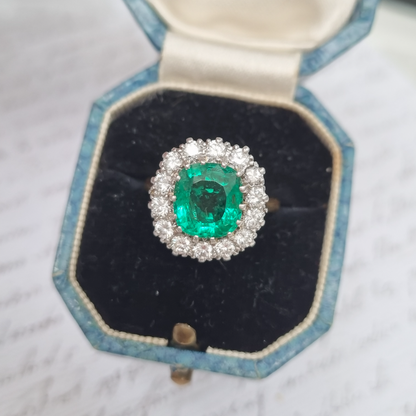Vintage 2ct Emerald and Diamond Cluster Ring