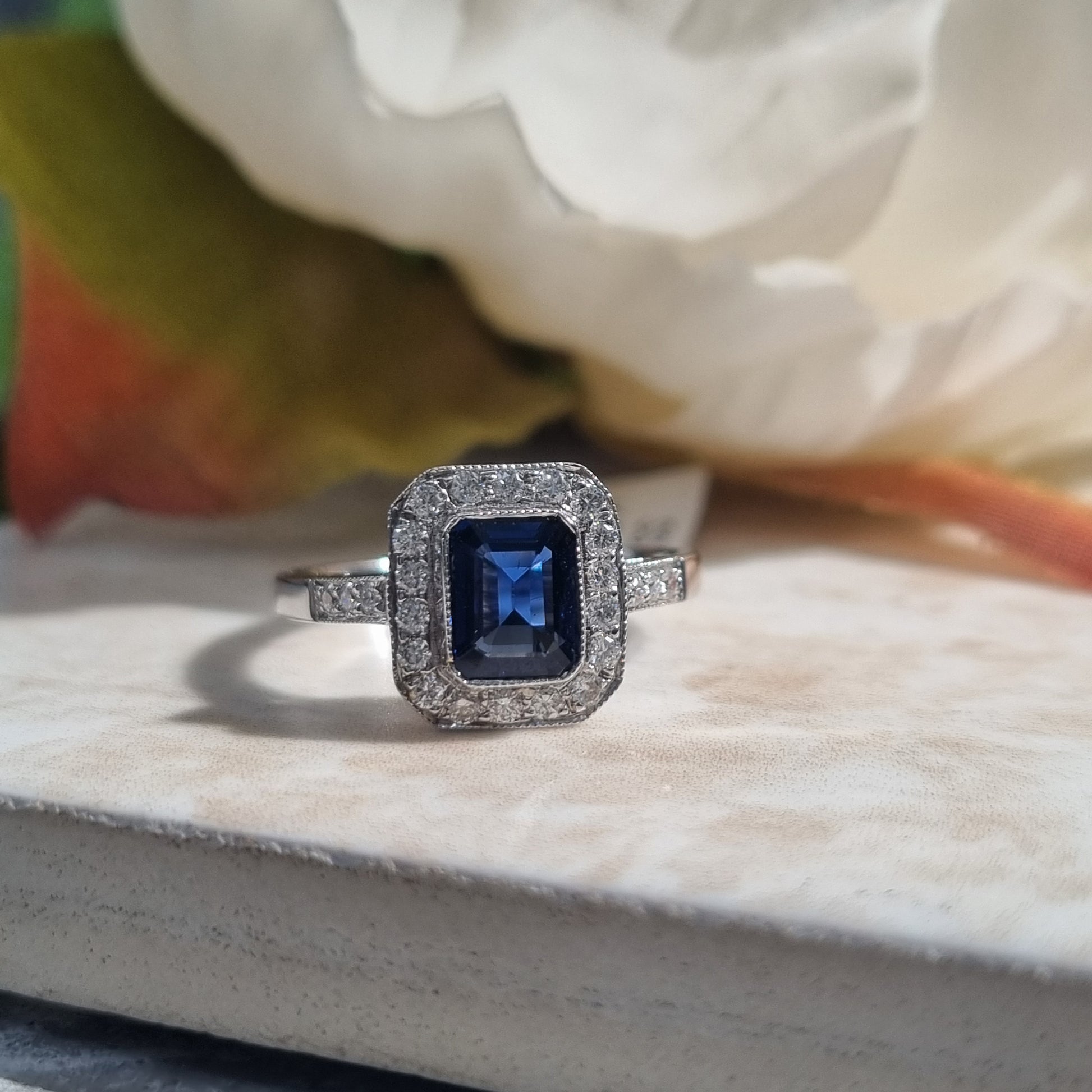 1ct Octagonal Cut Sapphire and Diamond Cluster Engagement Ring