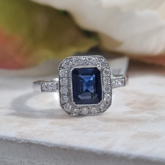 1ct Octagonal Cut Sapphire and Diamond Cluster Engagement Ring