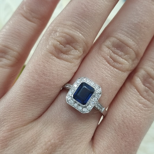 1ct Octagonal Cut Sapphire and Diamond Cluster Engagement Ring