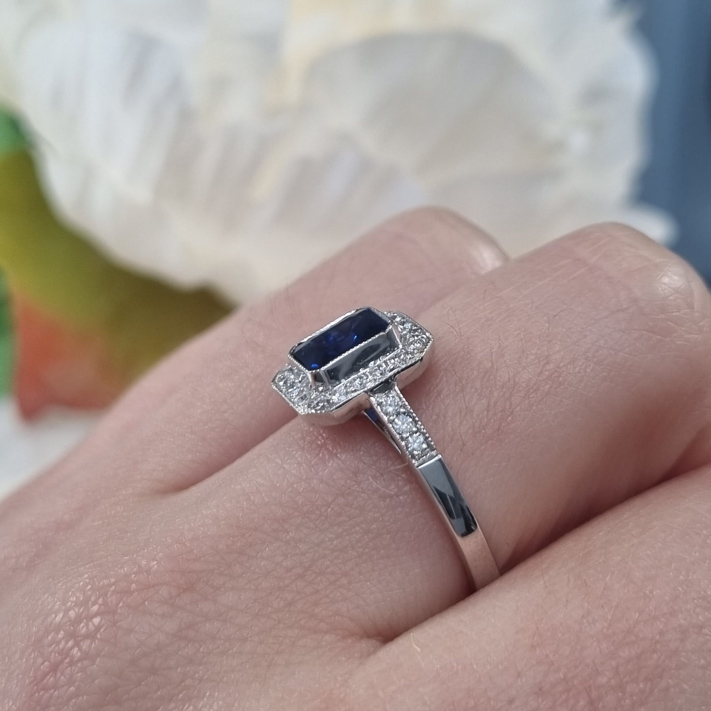 1ct Octagonal Cut Sapphire and Diamond Cluster Engagement Ring