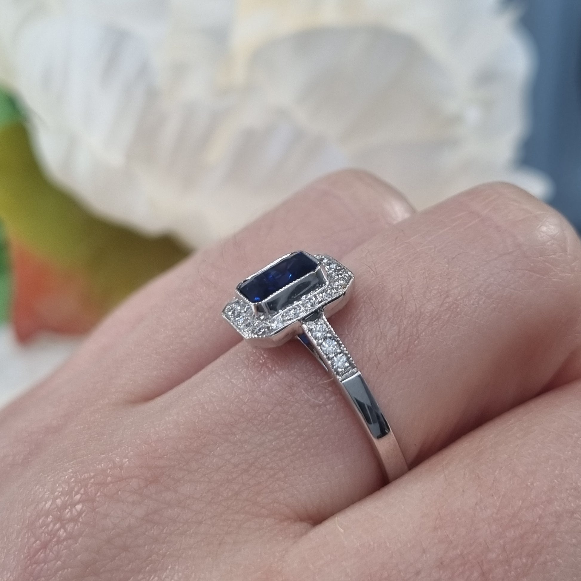 1ct Octagonal Cut Sapphire and Diamond Cluster Engagement Ring