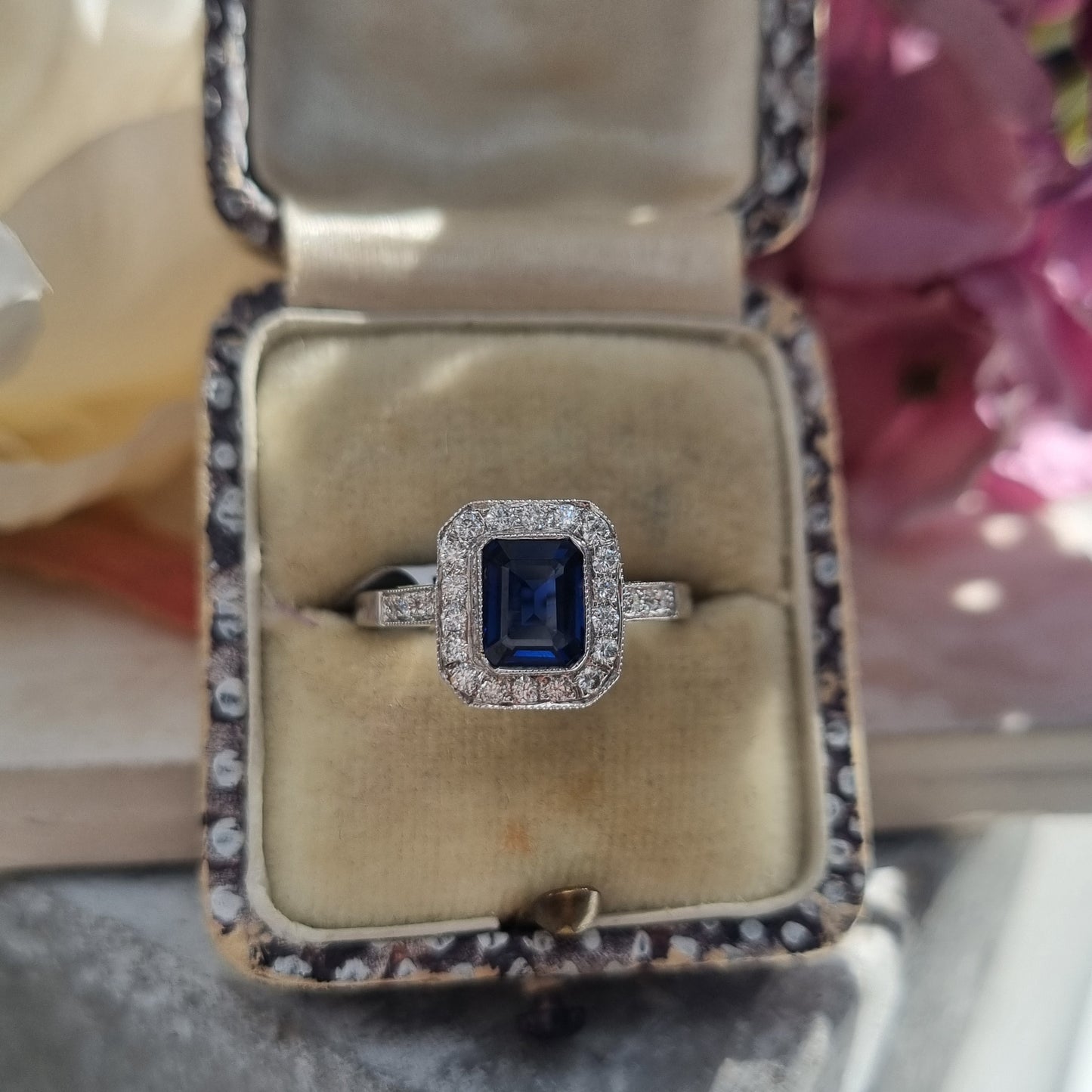 1ct Octagonal Cut Sapphire and Diamond Cluster Engagement Ring