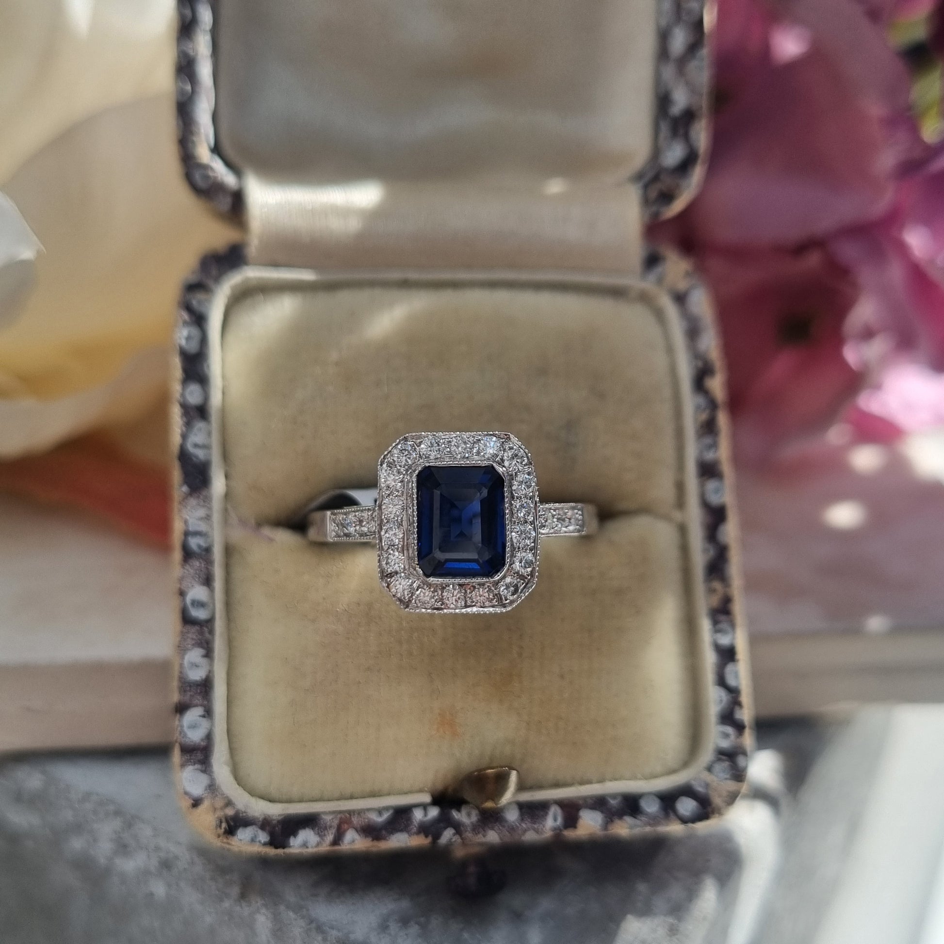 1ct Octagonal Cut Sapphire and Diamond Cluster Engagement Ring