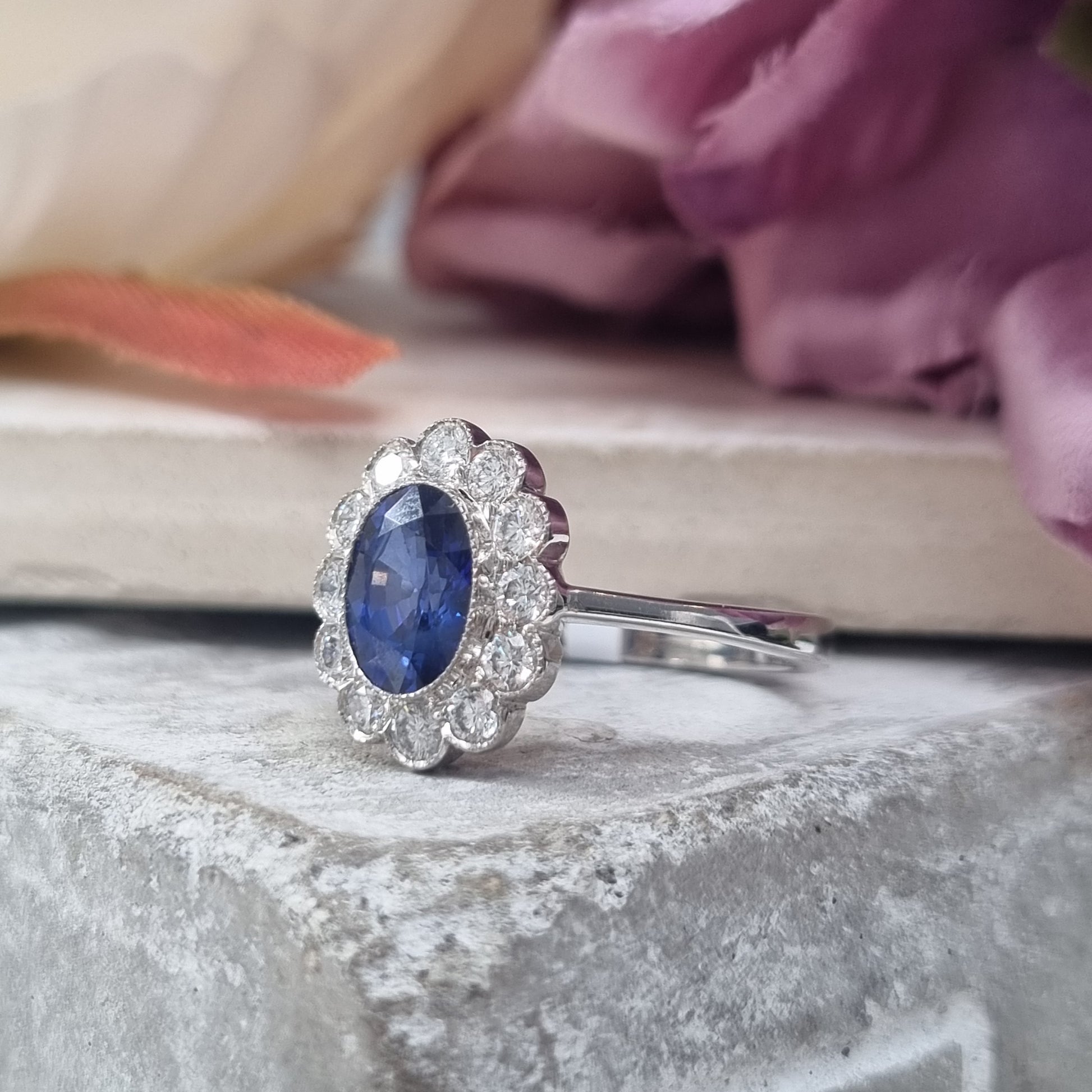 1.33ct Oval Sapphire and Diamond Cluster Engagement Ring