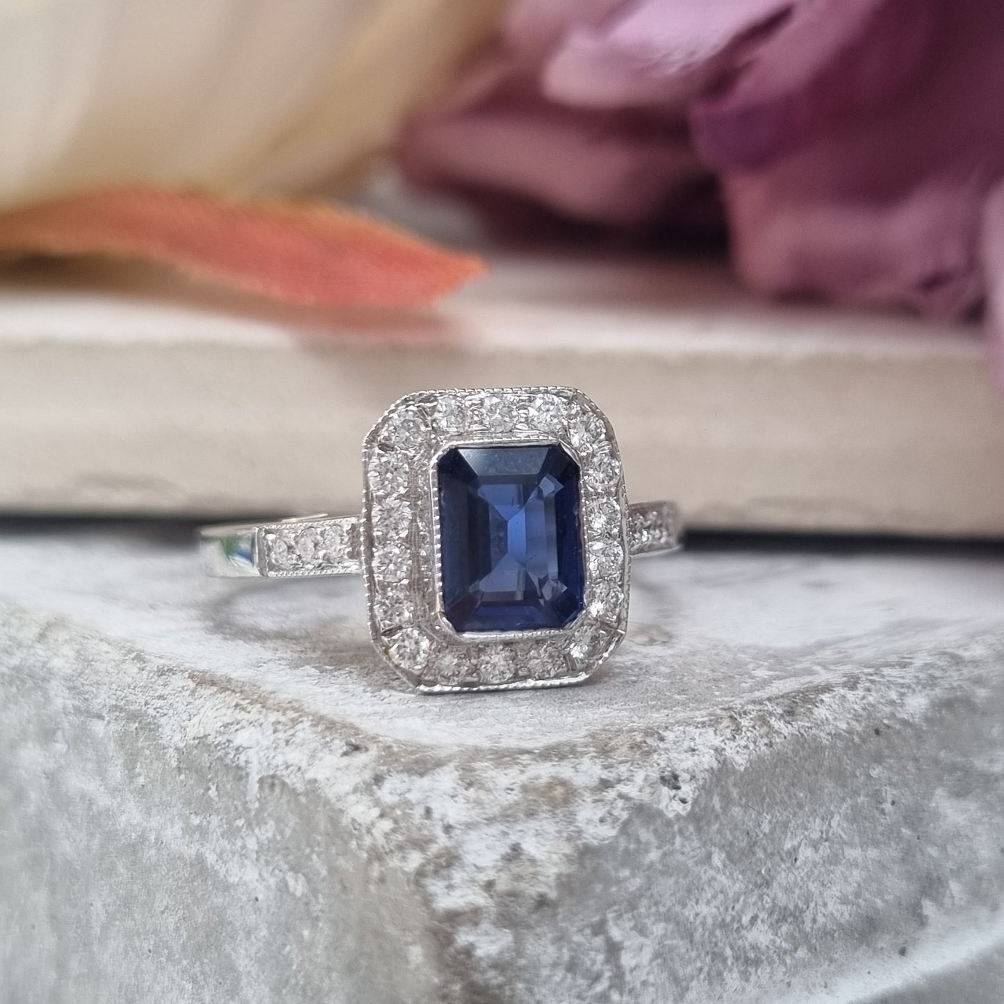 1ct Octagonal Cut Sapphire and Diamond Cluster Engagement Ring