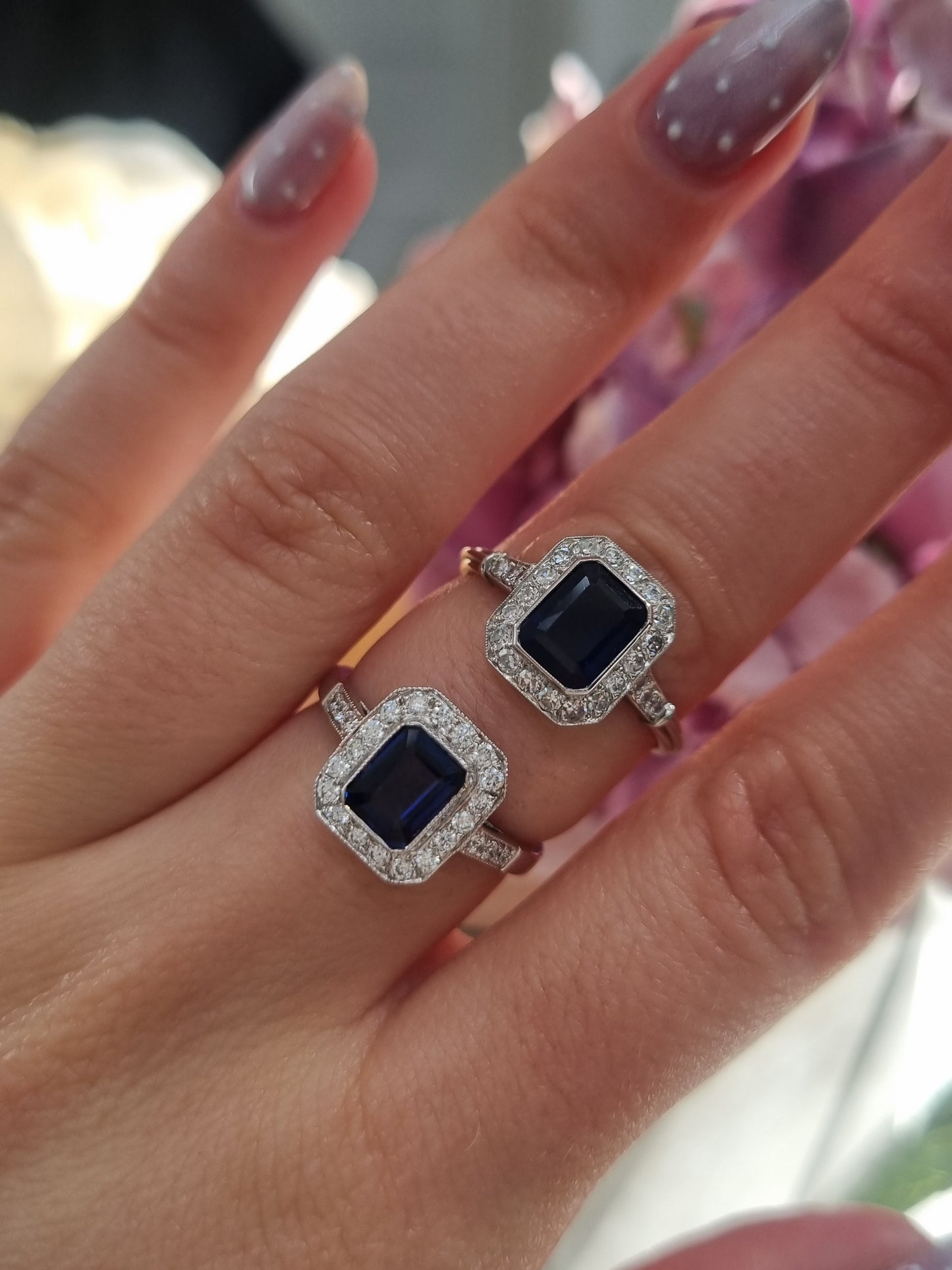Vintage Art Deco Style Sapphire and Diamond Cluster Engagement Ring in 18ct White Gold