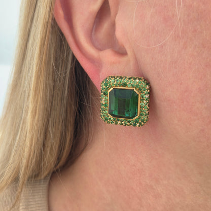 Fochtmann Green Tourmaline Tsavorite Garnet and Diamond Square Cluster Clip Earrings