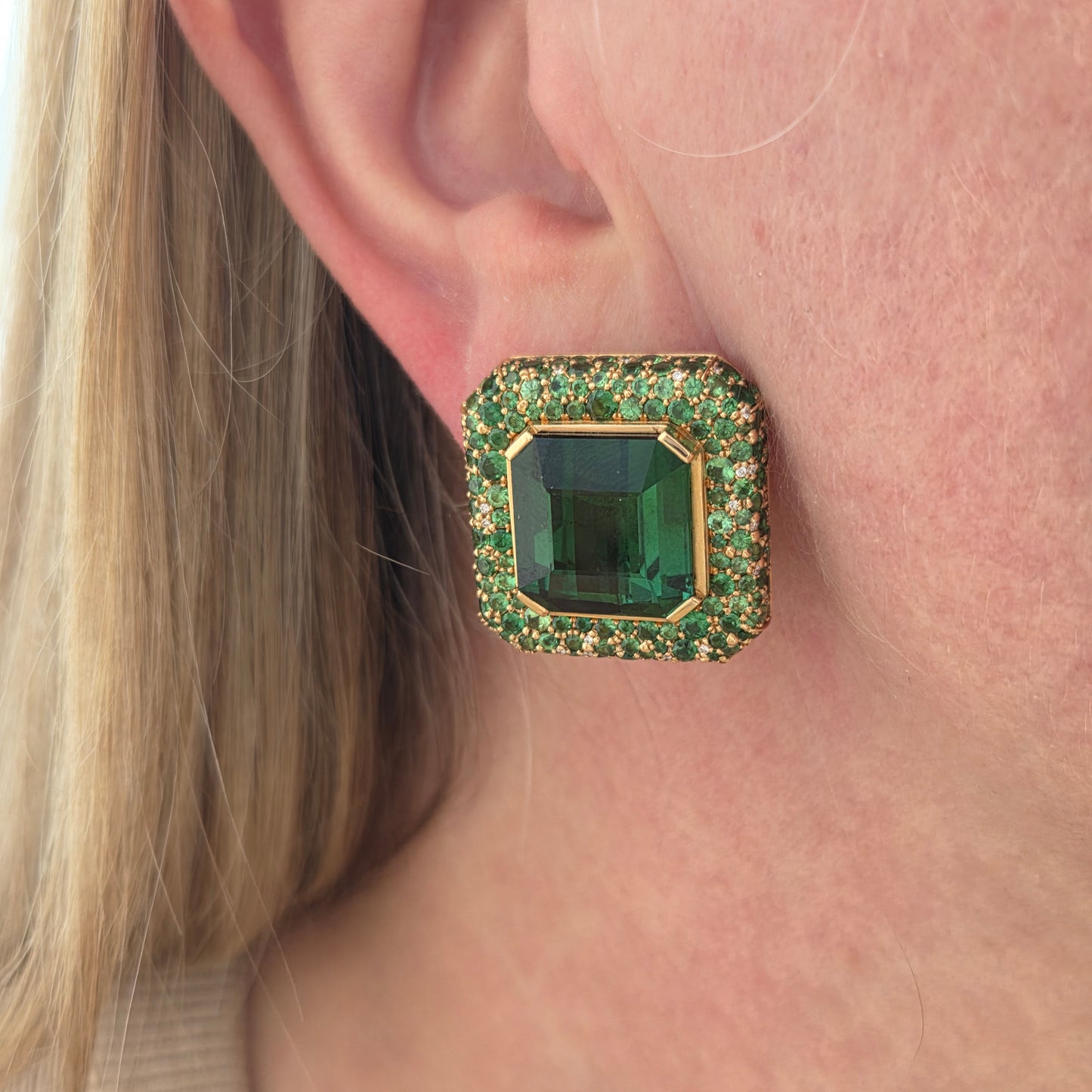 Fochtmann Green Tourmaline Tsavorite Garnet and Diamond Square Cluster Clip Earrings
