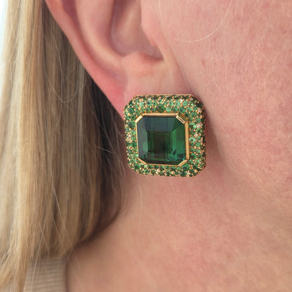 Fochtmann Green Tourmaline Tsavorite Garnet and Diamond Square Cluster Clip Earrings