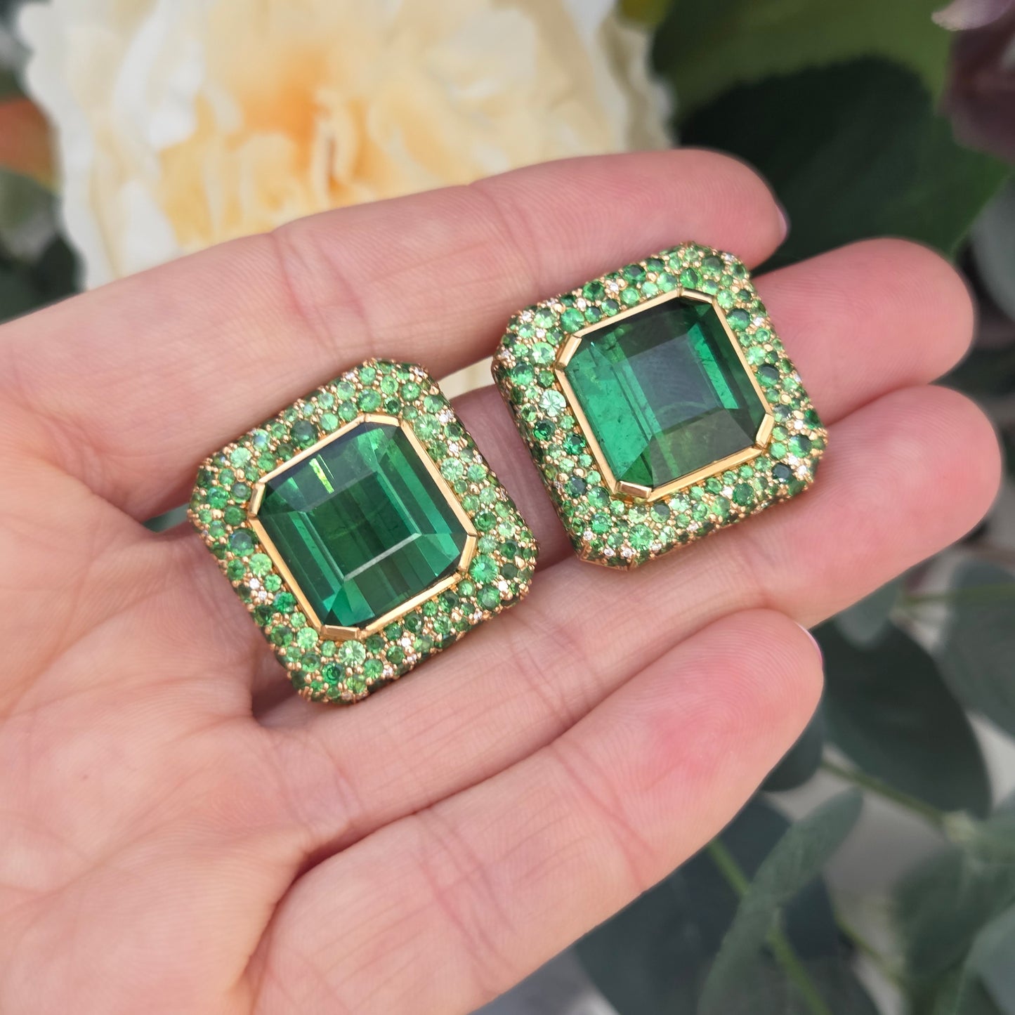 Fochtmann Green Tourmaline Tsavorite Garnet and Diamond Square Cluster Clip Earrings