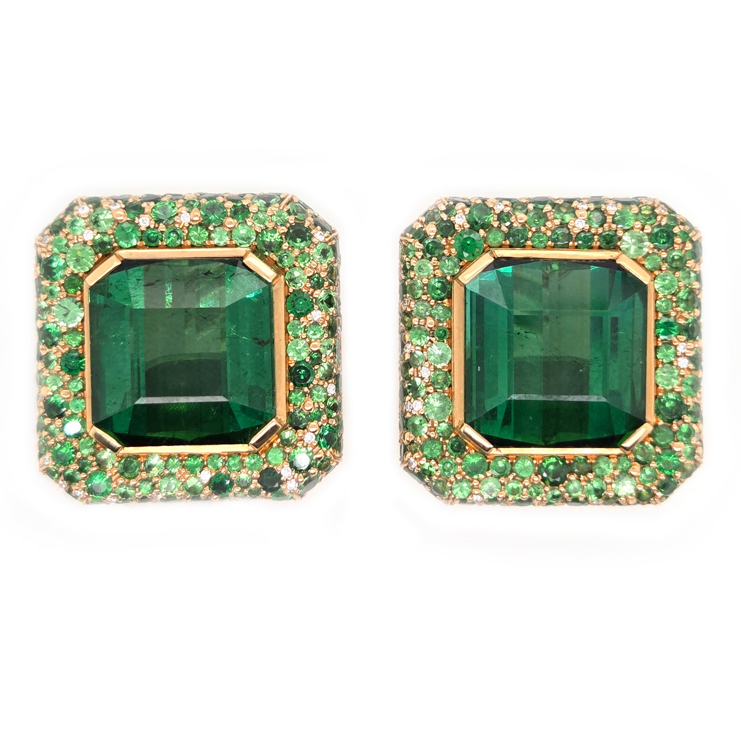 Fochtmann Green Tourmaline Tsavorite Garnet and Diamond Square Cluster Clip Earrings